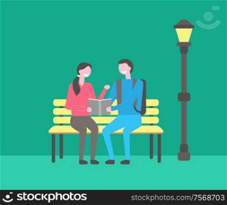 Students sitting on bench in campus vector, evening night. Man and woman studying information from book, publication in hands of youth, exam preparation. Students Sitting on Bench in Campus, Evening Night