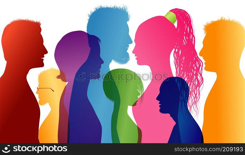 Students smiling. Young people smiling. Young people who are well together. Profiles of young colored silhouettes. Vector Multiple exposure