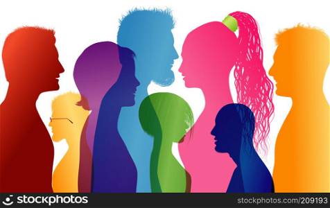 Students smiling. Young people smiling. Young people who are well together. Profiles of young colored silhouettes. Vector Multiple exposure