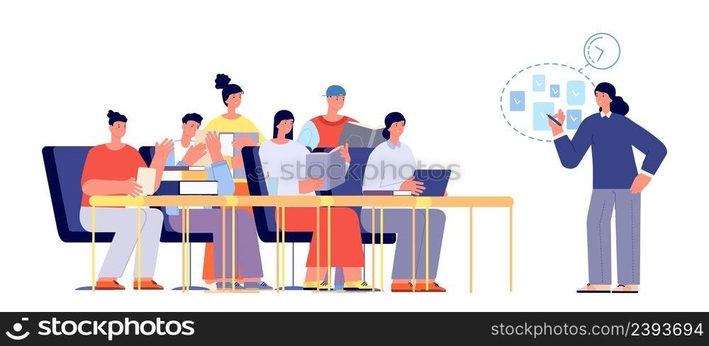 Students study. People sitting at desk with books. Business coaching, meeting young team for start up. New knowledge, education and training vector. Illustration of student get knowledge at school. Students study. People sitting at desk with books. Business coaching, meeting with young team for start up. New knowledge, self education and training vector concept