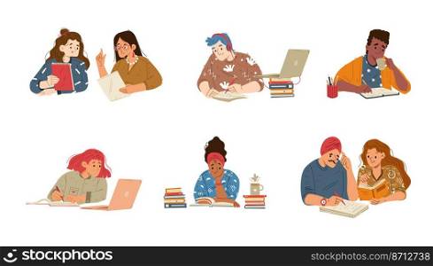 Students study together, read books, use laptop and write. Vector flat illustration of diverse young people do homework, prepare for exam, learning in college or university class. Students study together with books, laptop
