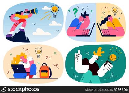 Students study work online develop innovative ideas involved in creative thinking. Businesspeople or freelancers brainstorm generate business plans or projects. Innovation. Vector illustration. Set.. Set of businesspeople strive for business idea solution
