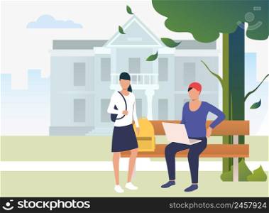 Students studying and chatting in campus park. Information, university, nature concept. Vector illustration can be used for topics like knowledge, relaxation, education. Students studying and chatting in campus park