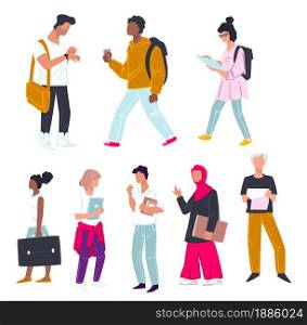 Students studying in college or university, isolated male and female character with books and papers. Pupils preparing for classes or exams. Multi racial people walking and reading, vector in flat. University students, boys and girls groupmates with books