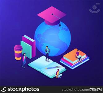 Students studying online among books and globe in graduation cap. Global online education, e-learning tools, internet training webinar concept. Ultraviolet neon vector isometric 3D illustration.. Global online education isometric 3D concept illustration.