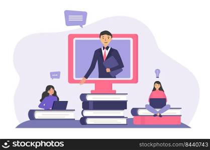 Students studying online, listening to teacher, watching webinar. College girls sitting on books near computer. Vector illustration for education, learning, technology, lecture concept