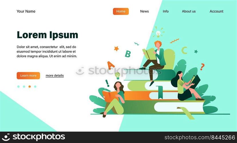 Students studying textbooks. Woman sitting on stack of books and reading. Vector illustration for library, bookworm, bookstore concept