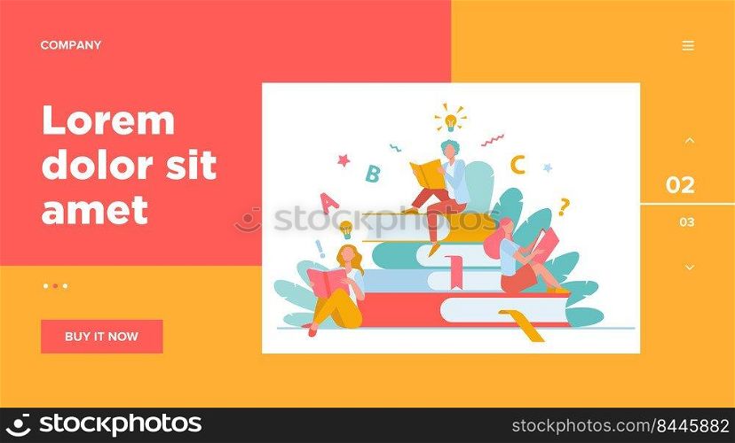 Students studying textbooks. Woman sitting on stack of books and reading. Vector illustration for library, bookworm, bookstore concept