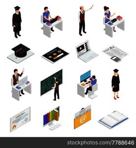 Students teachers and devices for e-leaning isometric icons set isolated on white background 3d vector illustration. E-learning Isometric Icons Set