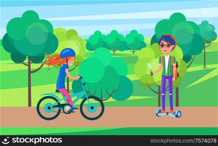 Students teenagers on bike and hoverboard vector. Female and male teen people in park, biker wearing helmet and person riding gyroscooter with vape. Students Teenagers on Bike and Hoverboard Vector