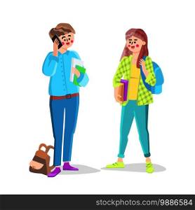 Students Teenagers With Backpack And Books Vector. Young University Students Couple, Boy Talking On Phone And Girl Holding Books. Characters College Education Flat Cartoon Illustration. Students Teenagers With Backpack And Books Vector