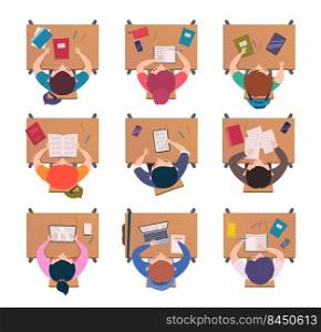 Students top view. School education lessons children sitting at desk and listening teacher pupils reading books on lecture exact vector flat pictures set. Illustration of education school lesson. Students top view. School education lessons children sitting at desk and listening teacher pupils reading books on lecture exact vector flat pictures set