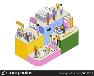 Students using an online learning app  innovative education and technology concept. Modern Infographics concept. Vector Isometric illustration