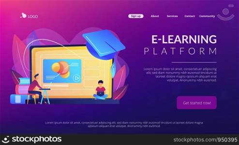 Students using e-learning platform video on laptop and graduation cap. Online education platform, e-learning platform, online teaching concept. Website vibrant violet landing web page template.. Online education platform concept landing page.