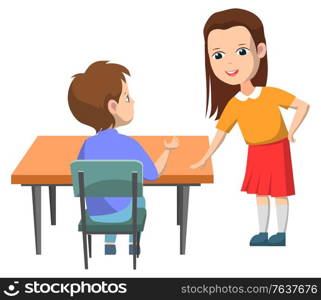 Students vector, isolated boy and girl talking on break. Female character wearing uniform skirt socks, male sitting by desk answering question, back to school concept. Flat cartoon. Pupils Talking on Break, School Children Vector