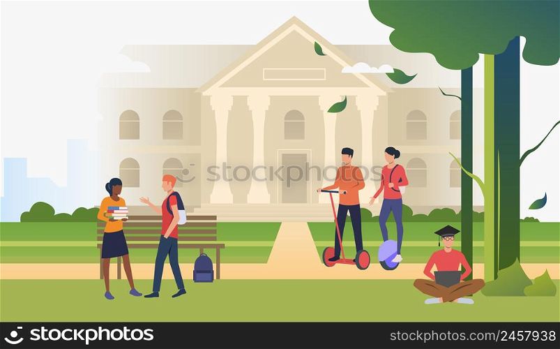 Students walking and chatting in campus park. Information, university, nature concept. Vector illustration can be used for topics like knowledge, relaxation, education. Students walking and chatting in campus park