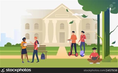 Students walking and chatting in campus park. Information, university, nature concept. Vector illustration can be used for topics like knowledge, relaxation, education. Students walking and chatting in campus park