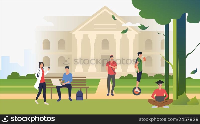 Students walking and relaxing in campus park. Information, university, nature concept. Vector illustration can be used for topics like knowledge, relaxation, education. Students walking and relaxing in campus park