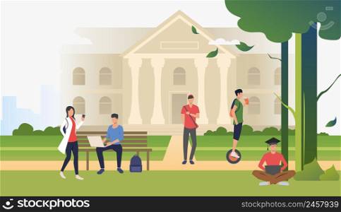 Students walking and relaxing in campus park. Information, university, nature concept. Vector illustration can be used for topics like knowledge, relaxation, education. Students walking and relaxing in campus park
