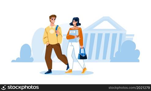Students Walking In College Campus Together Vector. Boy And Girl With Rucksack And Book Walk In College Campus And Go At Lecture Or Seminar. Characters University Education Flat Cartoon Illustration. Students Walking In College Campus Together Vector