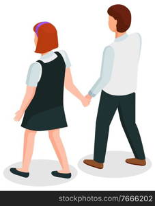 Students walking together vector, isolated boy and girl wearing uniform flat style character. Schoolboy and schoolgirl holding hands, teenagers high school. High School Students , Pupils Holding Hands Vector