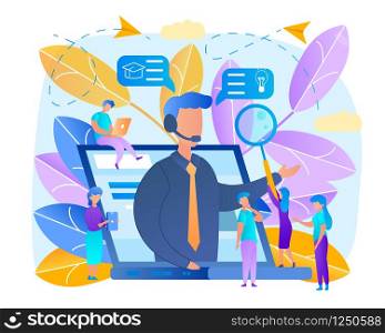 Students Watch Online Training Video with Teacher on Huge Laptop. Online Teaching, Share Your Knowledge, Trainer with Headset Speaking from Screen. Colorful Leaves Background. Flat Vector Illustration. Students Watch Lesson with Teacher on Huge Laptop
