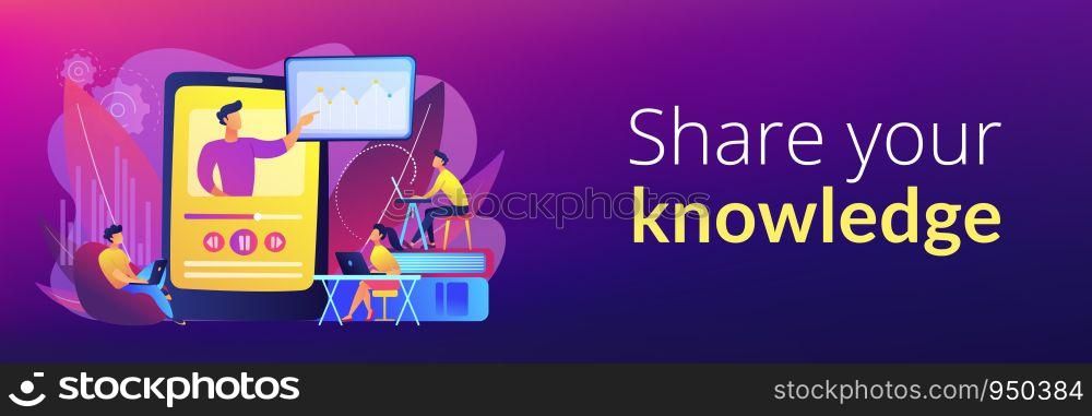 Students watching online training video with teacher and chart on tablet. Online teaching, share your knowledge, english teacher online concept. Header or footer banner template with copy space.. Online teaching concept banner header.