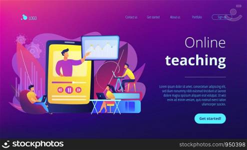 Students watching online training video with teacher and chart on tablet. Online teaching, share your knowledge, english teacher online concept. Website vibrant violet landing web page template.. Online teaching concept landing page.