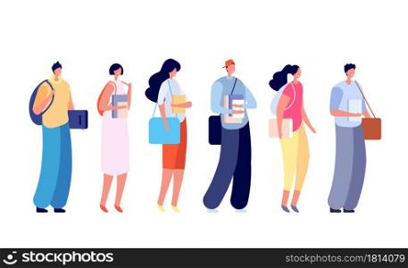 Students with backpacks. Young people studying, school teenagers holding books. College study, happy friends education vector characters. Young female and male students illustration. Students with backpacks. Young people studying, school teenagers holding books. College study, happy friends education vector characters