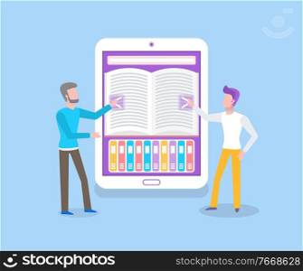 Students with big electronic book with opened page vector. Bookshelf of electronic device, textbook for learning and getting information for exam. Electronic Book, Students Pressing Touchscreen