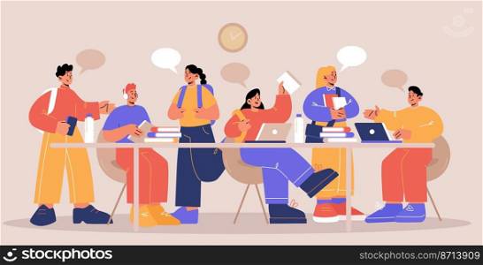 Students with books and laptops study at desk. School, college or university pupils girls and boys teenagers communicate, chat, prepare for exams. Classmates studying Line art flat vector illustration. Students with books and laptops study at desk