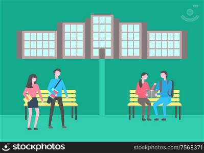 Students with books at university campus on bench vector. Girl and guy studying subjects outdoors in friends company, education and knowledge, textbooks. University Campus, Students with Books on Bench