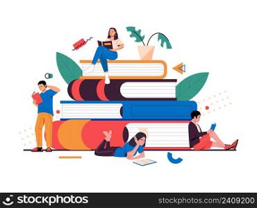 Students with books. Cartoon young people read books and study, self education concept. Male and female reader characters sitting on stack of giant textbooks, preparing for examination. Students with books. Cartoon young people read books and study, self education concept