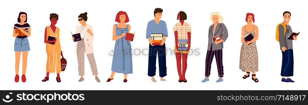 Students with books. College teenage cartoon characters holding stack and reading books. Vector diverse multicultural students in modern clothing flat illustration isolated on white background. Students with books. College teenage cartoon characters holding stack and reading books. Vector diverse multicultural students