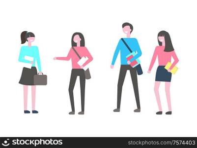 Students with books, vector isolated cartoon people. College learners, teenagers in casual cloth, textbooks in hands, male and female characters. Students with Books Vector Isolated Cartoon People