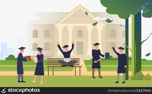Students with diplomas celebrating graduation in campus park. Information, university, nature concept. Vector illustration can be used for topics like knowledge, relaxation, education. Students with diplomas celebrating graduation in campus park