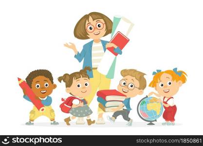 Students with teacher. Kids with pedagogue, woman surrounded by children with flowers bouquet, primary pupils characters, education communicate vector concept. Students with teacher. Kids with pedagogue, woman surrounded by children with flowers bouquet, primary pupils characters, vector concept