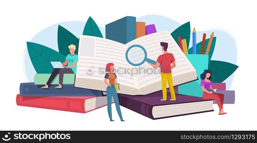 Students. Young people readers sitting, lying on giant books stack, students study, read and gain knowledge. Education vector concept of digital library. Students. Young people readers sitting, lying on giant books stack, students study, read and gain knowledge. Education vector concept