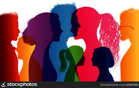 Students. Young people. Students talking. Colored silhouette profiles. Young people talking. Multiple exposure