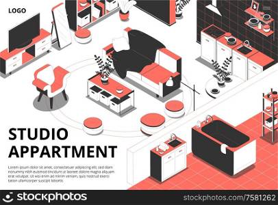 Studio apartment isometric background with domestic view of rooms with furniture interior elements and editable text vector illustration