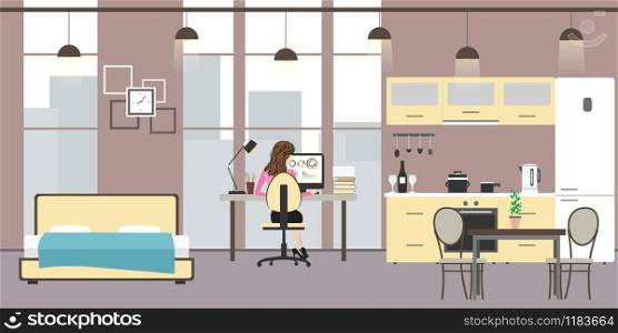 Studio apartment with big windows. Bed, workspace and kitchen with utensils,woman sitting at the table and working, flat vector illustration. Studio apartment with big windows