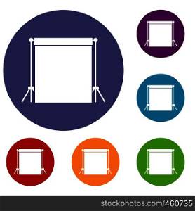 Studio backdrop icons set in flat circle reb, blue and green color for web. Studio backdrop icons set