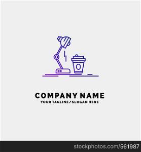 studio, design, coffee, lamp, flash Purple Business Logo Template. Place for Tagline. Vector EPS10 Abstract Template background