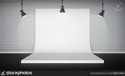 Studio interior with white backdrop and lamps on a brick wall vector illustration. Studio interior with white backdrop