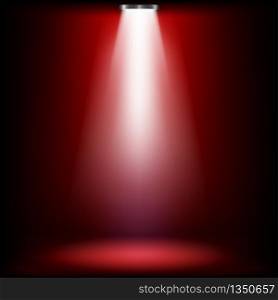 Studio lights for awards ceremony with red light. spotlights illuminate shines on the stage. Vector illustration.
