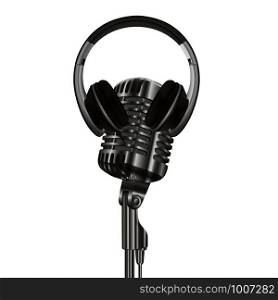 Studio Microphone, Headphone. Old Vintage Radio, Karaoke or Standup Mic. Earphone Gadget Illustration. Modern 3d Realistic Headset. Dj Mockup Set. Record Sound Collection on Stand. Studio Microphone, Headphone. Old Vintage Radio