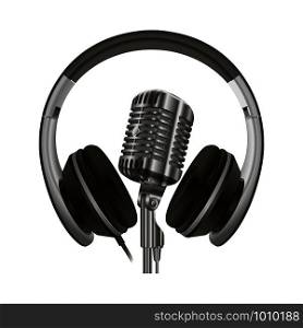 Studio Microphone, Headphone. Old Vintage Radio, Karaoke or Standup Mic. Earphone Gadget Illustration. Modern 3d Realistic Headset. Dj Mockup Set. Record Sound Collection on Stand
