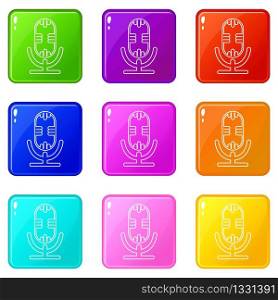 Studio microphone icons set 9 color collection isolated on white for any design. Studio microphone icons set 9 color collection