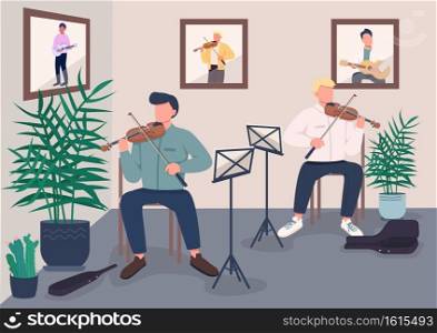 Studio music playing flat color vector illustration. Recording melodies to sell them later. Live radio perfomance. Talanted violonist 2D cartoon characters with modern studio on background. Studio music playing flat color vector illustration