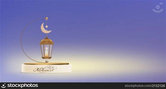 Studio room 3D Podium with Traditional islamic lantern,Candle,Crescent Moon and Star hanging on purple background, Vector Backdrop of Religions Symbolic for Eid Mubarak, Eid al fitr, Ramadan Kareem